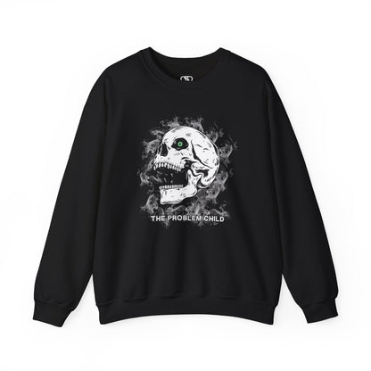  Sweater featuring a skull with green eye surrounded by smoke and the words “The Problem Child”