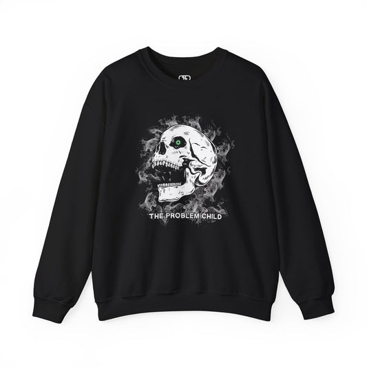  Sweater featuring a skull with green eye surrounded by smoke and the words “The Problem Child”