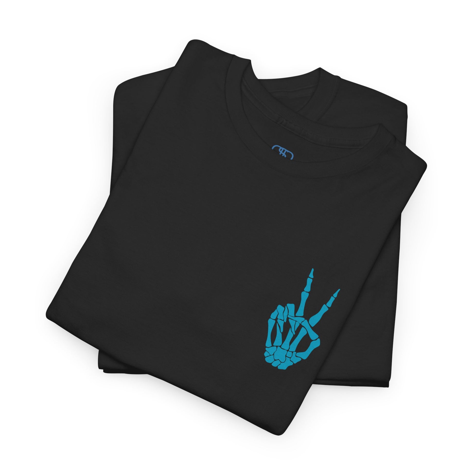 A [Black] t-shirt with a skeletal peace sign on the front and the phrase “Have the day you deserve” with a large skeletal peace sign on the back.