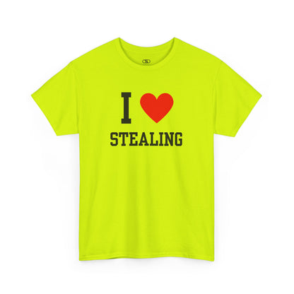 A sarcastic safety green t-shirt featuring the classic "I Heart" graphic with the text "I," love, and the word "Stealing," intended as dark humor.