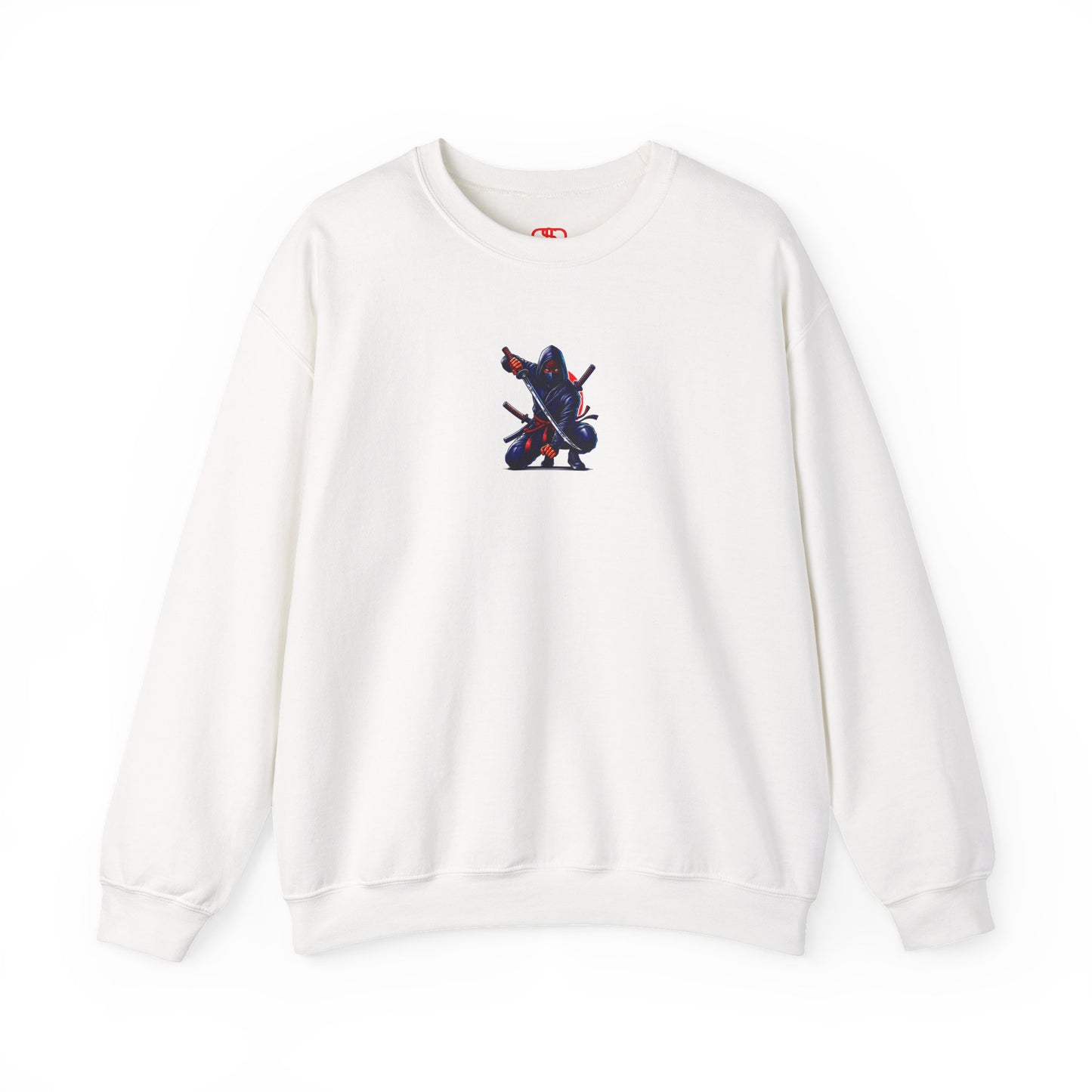 A white sweatshirt featuring a Crouching ninja with two katanas and "Bushido" text, red and black Japanese-inspired sweatshirt design.