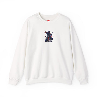 A white sweatshirt featuring a Crouching ninja with two katanas and "Bushido" text, red and black Japanese-inspired sweatshirt design.