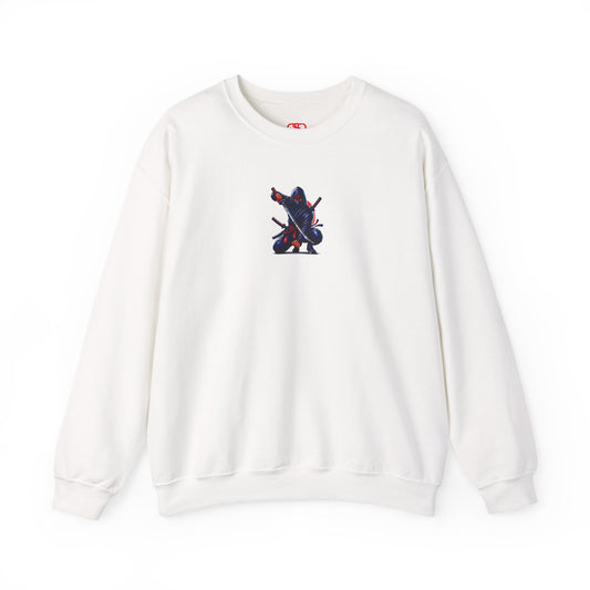 A white sweatshirt featuring a Crouching ninja with two katanas and "Bushido" text, red and black Japanese-inspired sweatshirt design.
