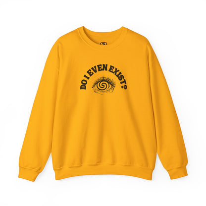 A sweatshirt with a graphic print of a detailed, realistic eye that contains an optical illusion of a spiral. The text "Do I even Exist?" is printed below the eye in a clean, sans-serif font.