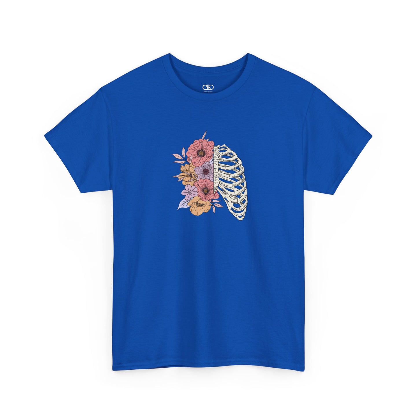 T-shirt with a lung graphic, half skeletal ribcage, half flowers.
