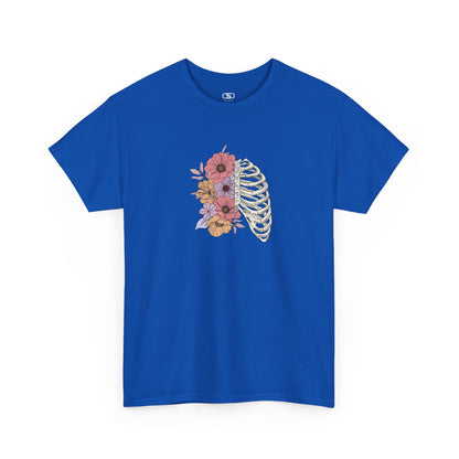 T-shirt with a lung graphic, half skeletal ribcage, half flowers.
