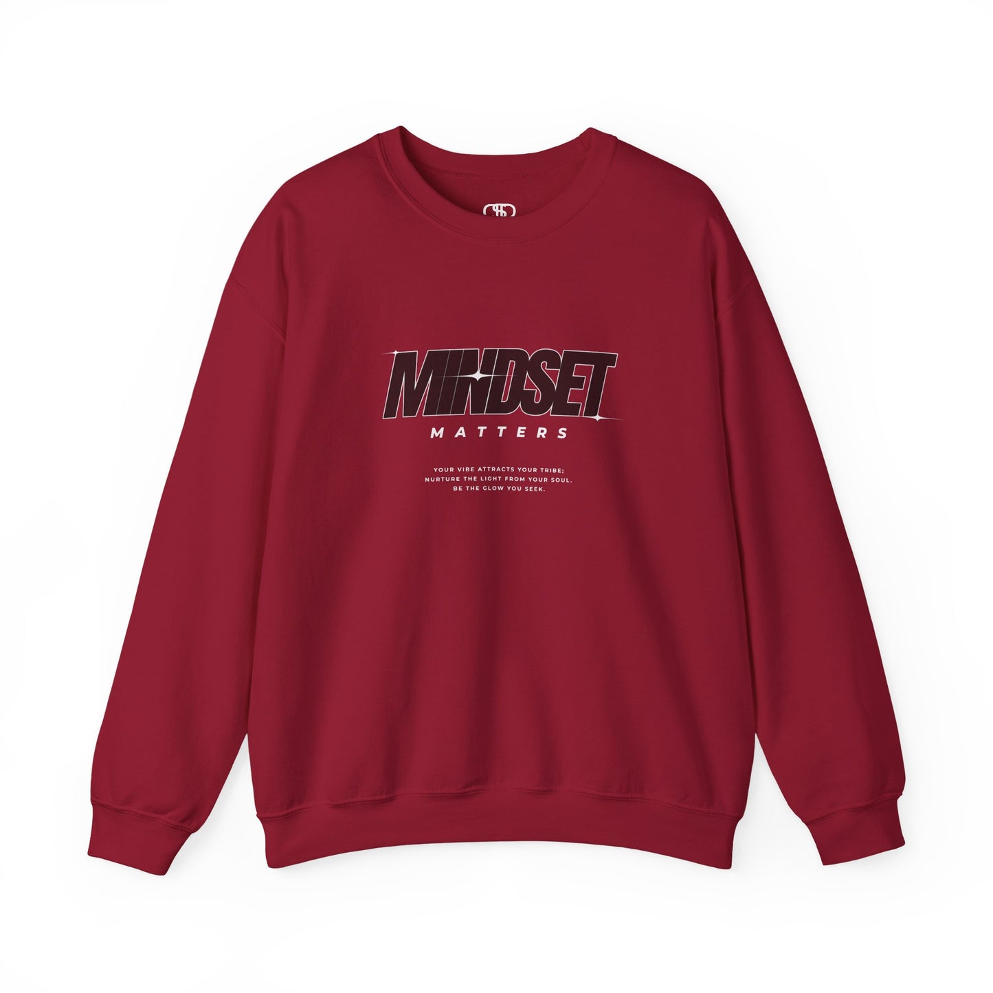 A garnet red sweater "Mindset Matters" text with stars on a sweater, inspirational quote below the main quote. 