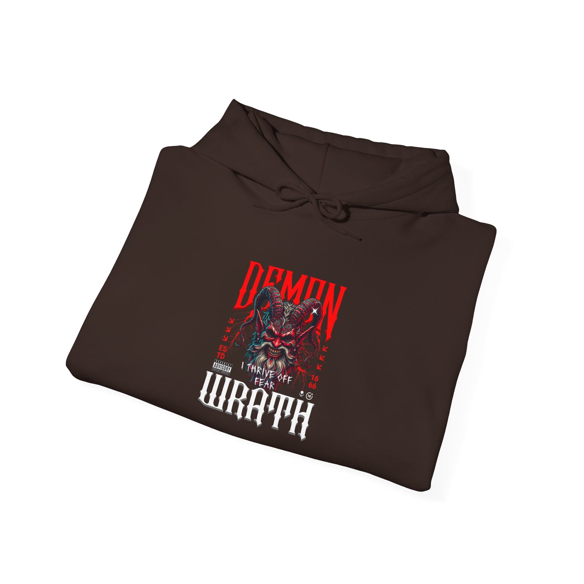 A folded dark brown hoodie featuring a Red horned demon head with "Demon Wrath" text and lightning, gothic horror apparel design.