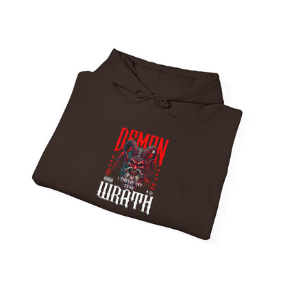 A folded dark brown hoodie featuring a Red horned demon head with "Demon Wrath" text and lightning, gothic horror apparel design.