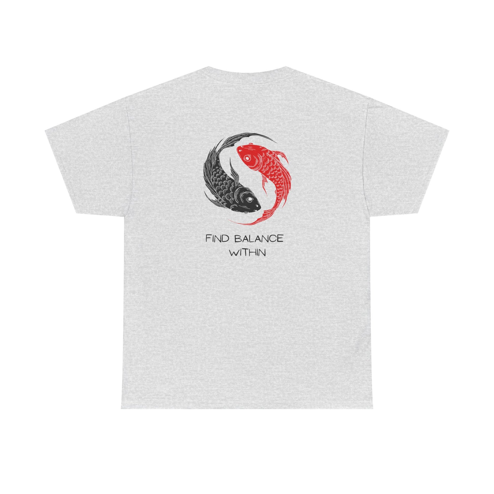  Back of a t-shirt showing two swimming koi fish in red and black, arranged in a harmonious circle above the words "find balance within."