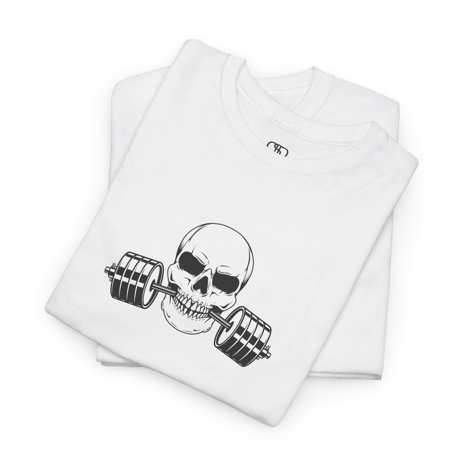 Folded White t-shirt with a skull and barbell graphic on a white background