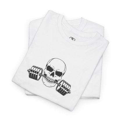 Folded White t-shirt with a skull and barbell graphic on a white background