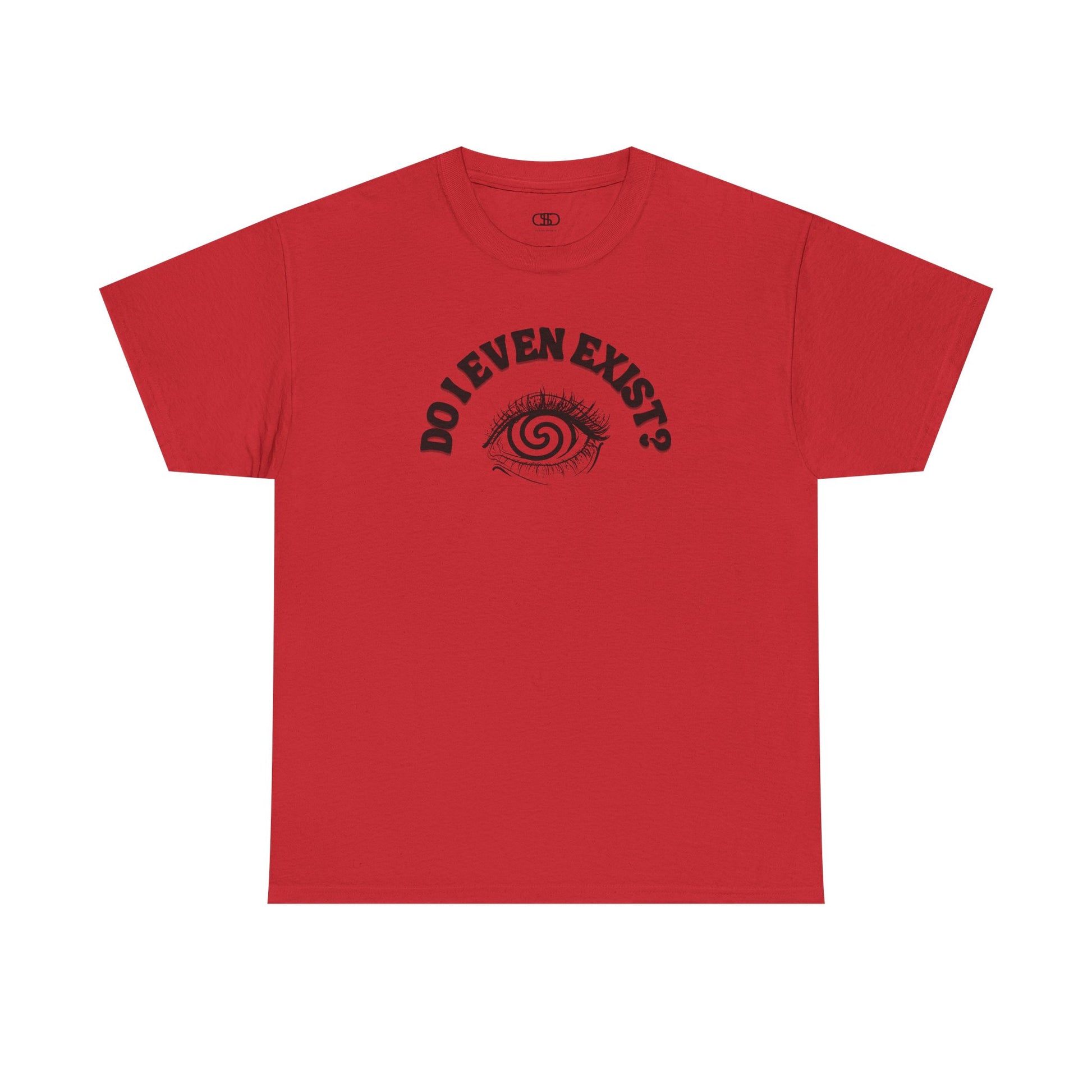 Red T-shirt with an eyeball and a mind-bending optical illusion and the text "Do I even exist?"