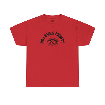 Red T-shirt with an eyeball and a mind-bending optical illusion and the text "Do I even exist?"