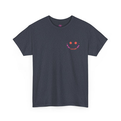 A dark heather  t-shirt with a retro smiley face on the front and the phrase “In my lifting Era” in a creative retro design on the back.