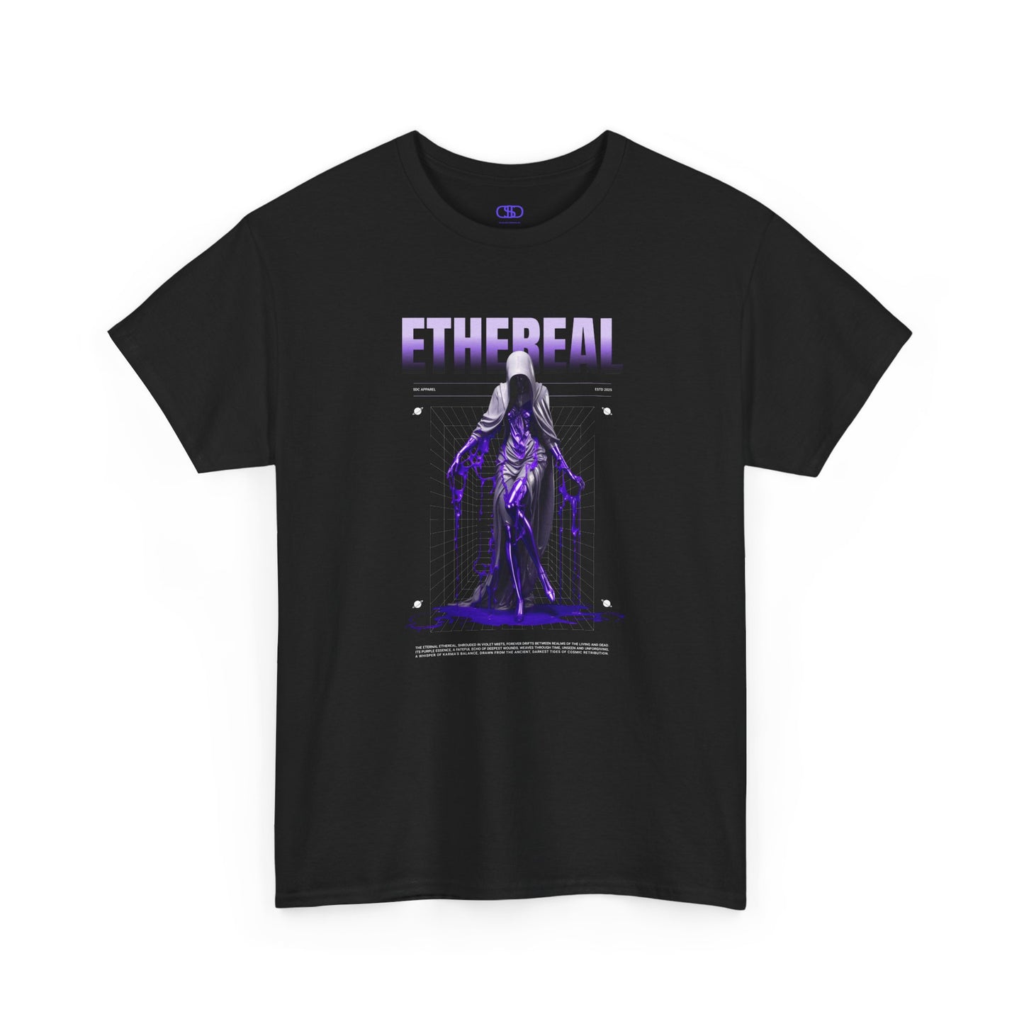 A Black t-shirt with a glowing purple ethereal ghostly figure in a robe, surrounded by mystic violet liquid and "Ethereal" text.