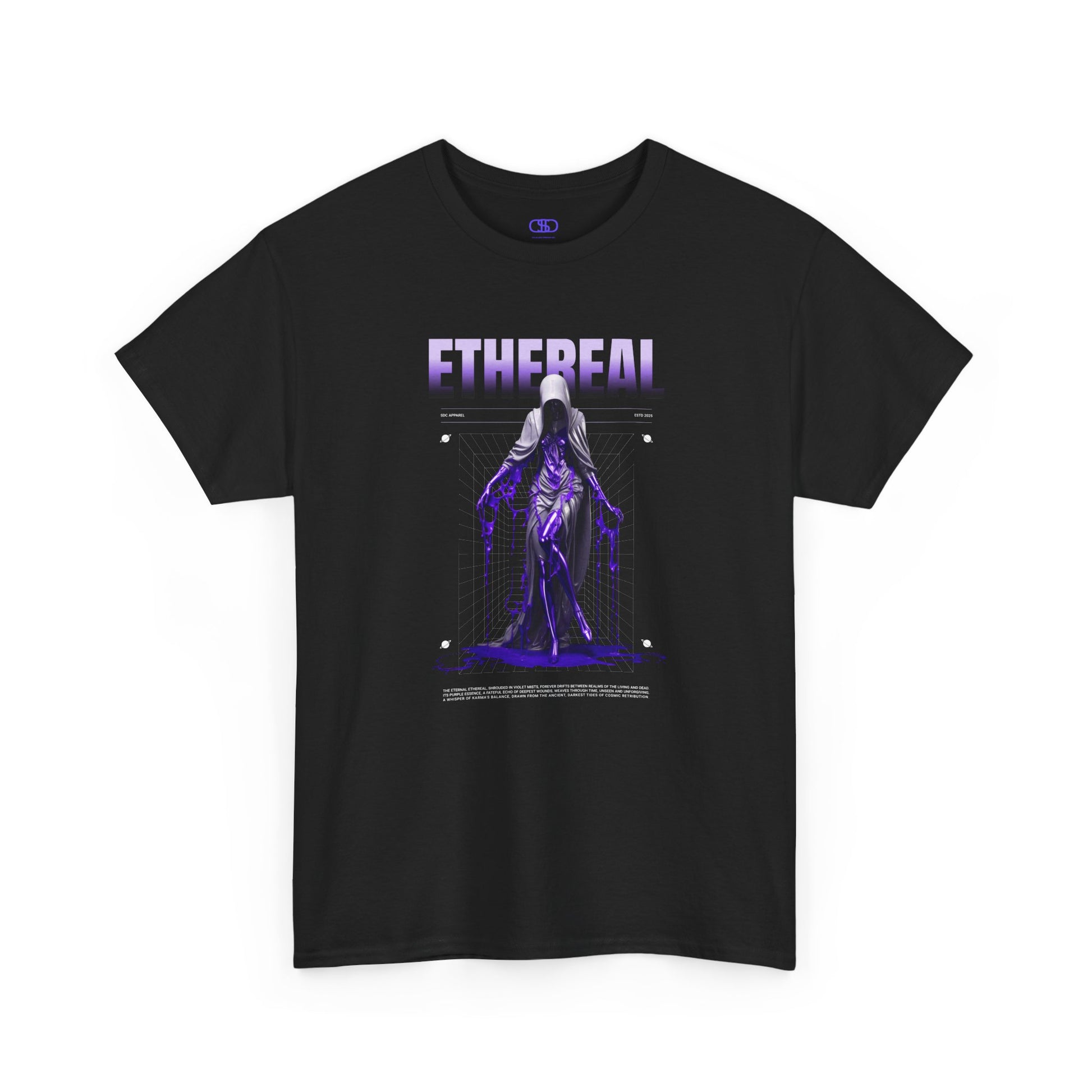 A Black t-shirt with a glowing purple ethereal ghostly figure in a robe, surrounded by mystic violet liquid and "Ethereal" text.