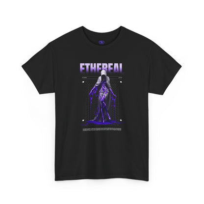 A Black t-shirt with a glowing purple ethereal ghostly figure in a robe, surrounded by mystic violet liquid and "Ethereal" text.