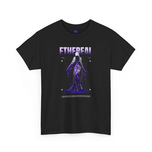 A Black t-shirt with a glowing purple ethereal ghostly figure in a robe, surrounded by mystic violet liquid and "Ethereal" text.