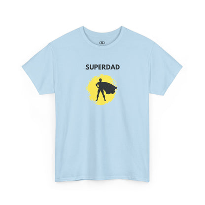 A light blue T-shirt with a "Superdad" text and a silhouette of a person with a cape on a yellow circle background.