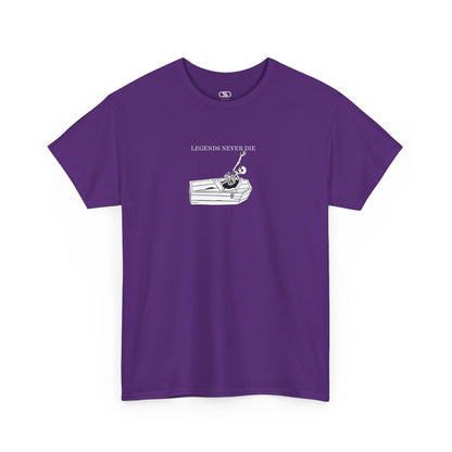 A purple T-shirt with a skeleton breaking free from a casket, reaching up towards "Legends Never Die" text.
