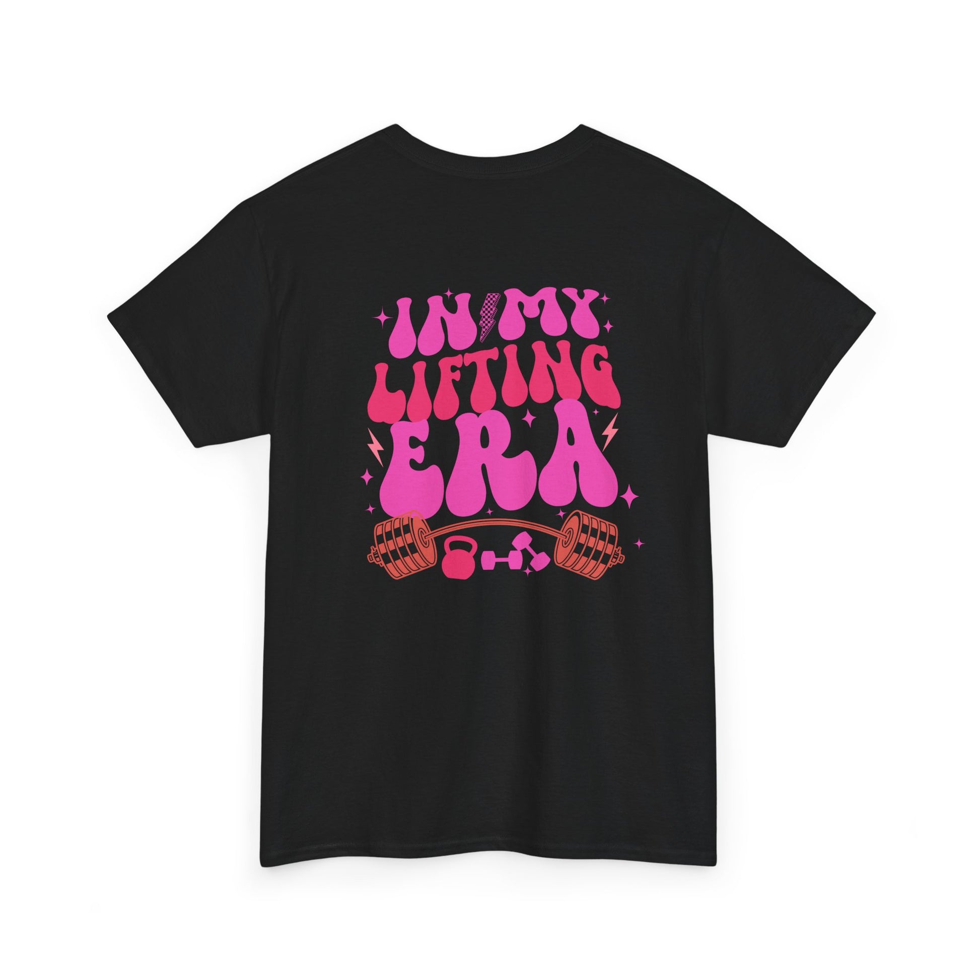 A black t-shirt with a retro smiley face on the front and the phrase “In my lifting Era” in a creative retro design on the back.