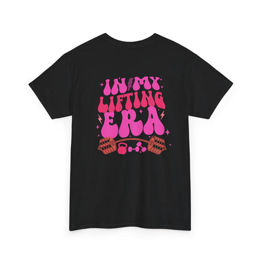 A black t-shirt with a retro smiley face on the front and the phrase “In my lifting Era” in a creative retro design on the back.