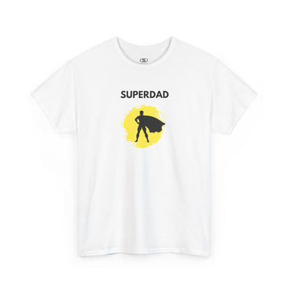 A white T-shirt with a "Superdad" text and a silhouette of a person with a cape on a yellow circle background.
