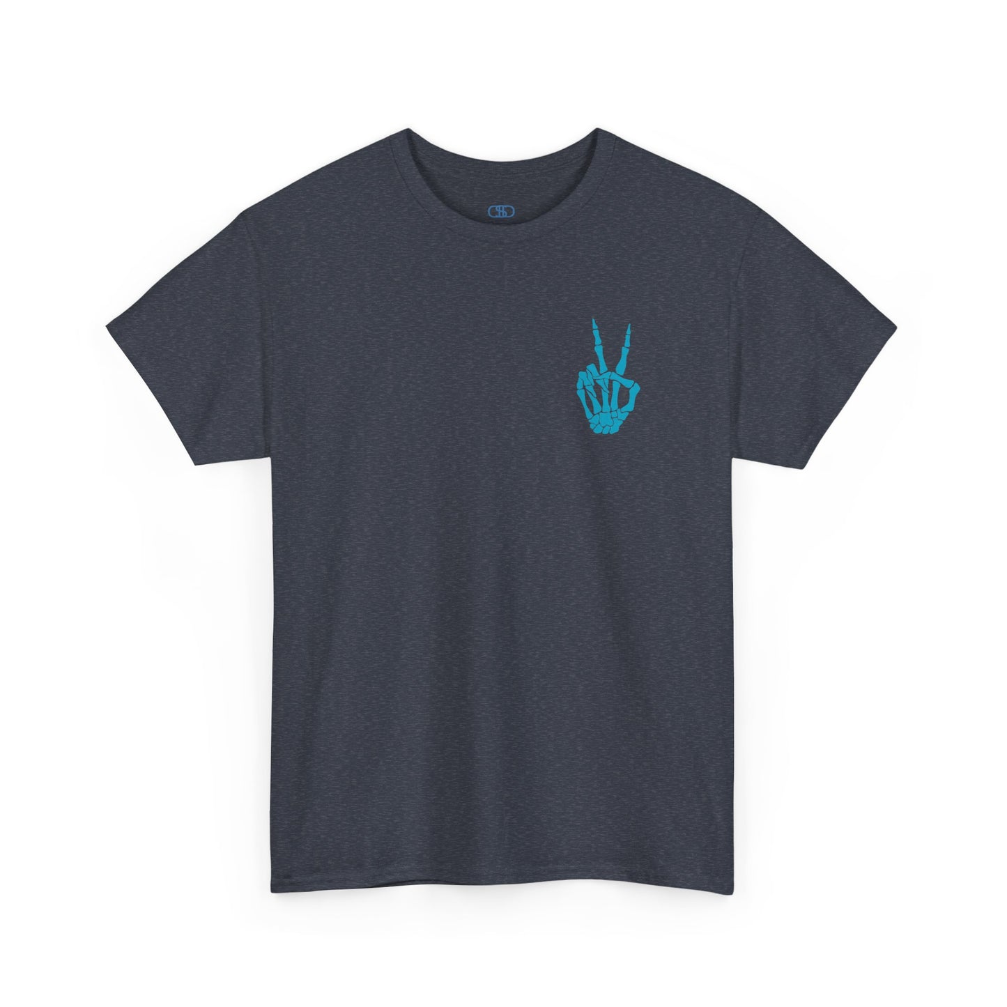 A [Heather Gray] t-shirt with a skeletal peace sign on the front and the phrase “Have the day you deserve” with a large skeletal peace sign on the back.