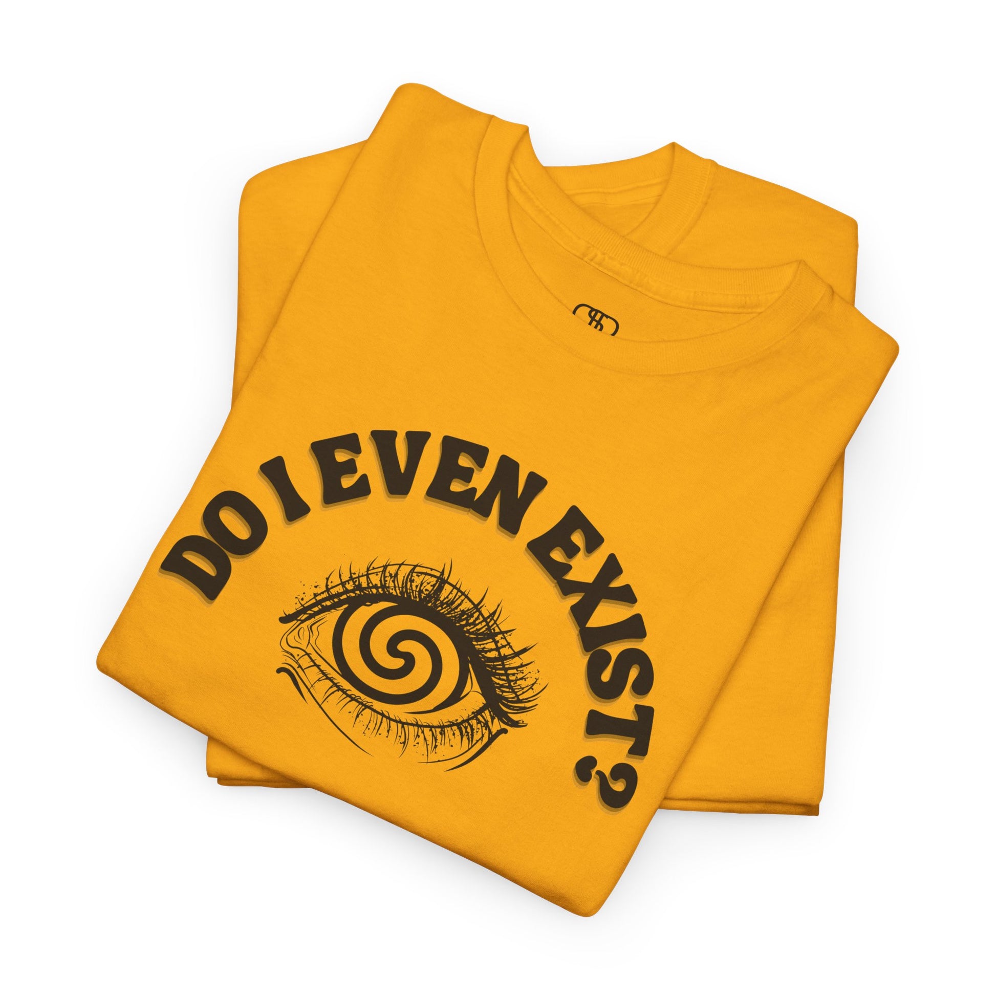 Folded Orange T-shirt with an eyeball and a mind-bending optical illusion and the text "Do I even exist?"