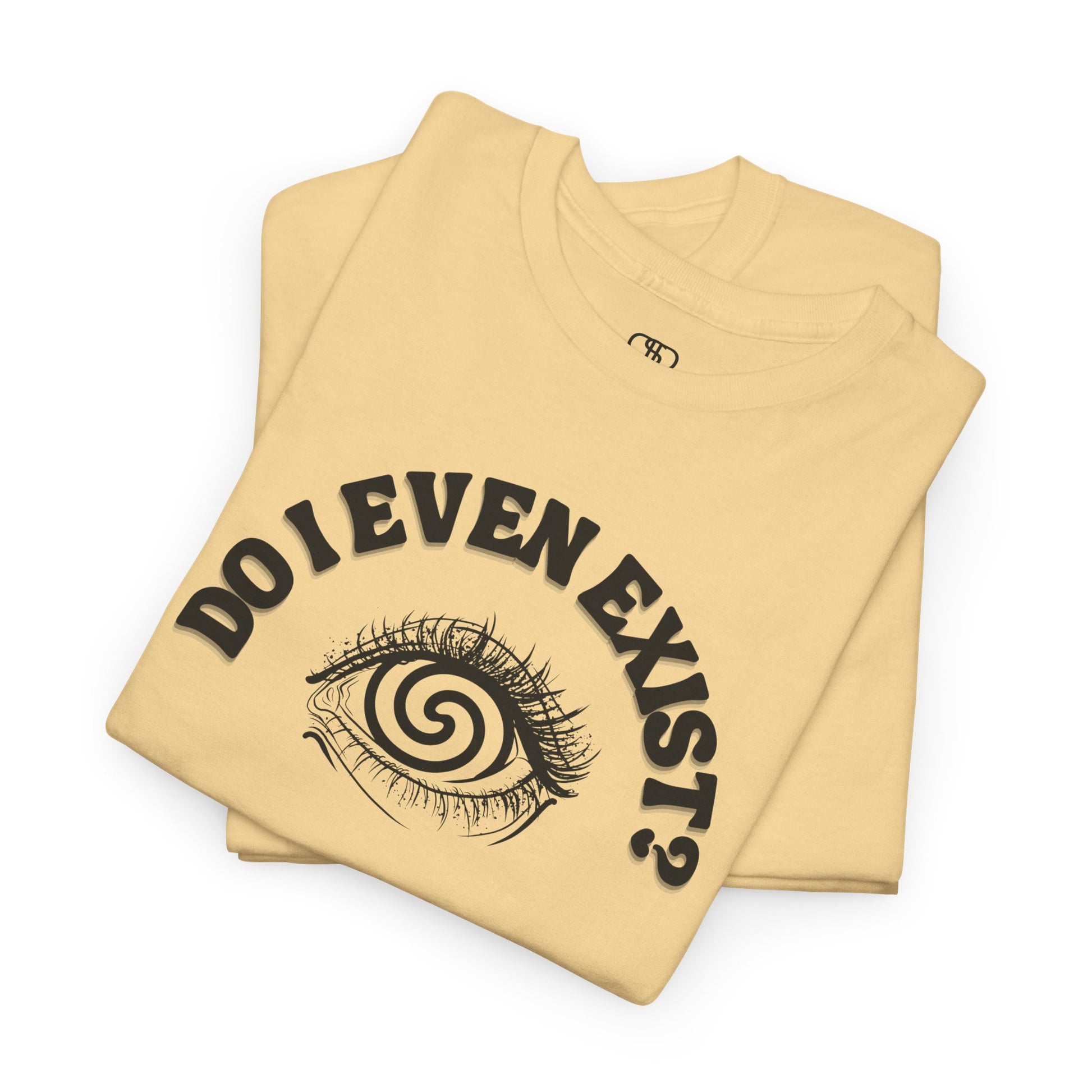 Folded T-shirt with an eyeball and a mind-bending optical illusion and the text "Do I even exist?"