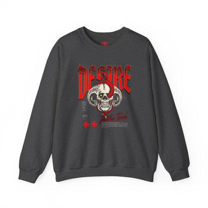 A dark heather sweatshirt Horned skull with glowing eye and red snake wrapped around it, "Desire Death's Touch" text, gothic sweatshirt design.