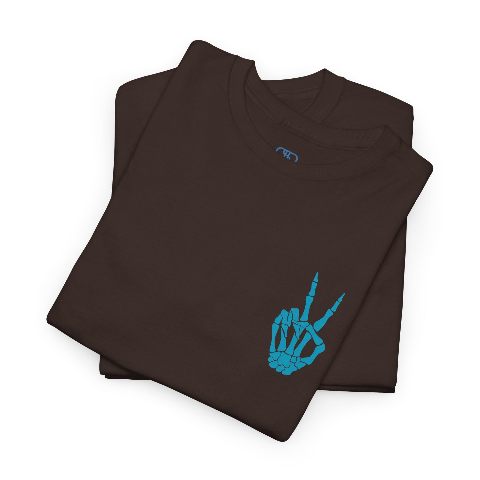 A [folded dark brown] t-shirt with a skeletal peace sign on the front and the phrase “Have the day you deserve” with a large skeletal peace sign on the back.