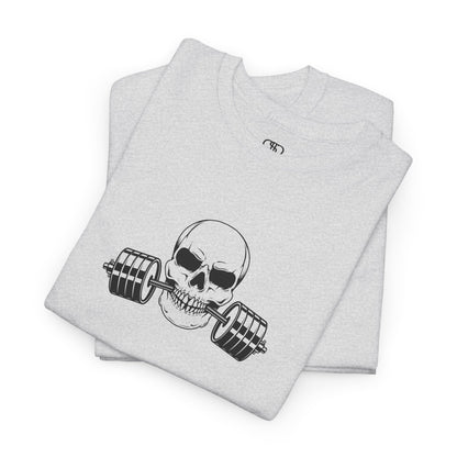 Folded Ash gray sweatshirt with a skull and barbell graphic on a white background