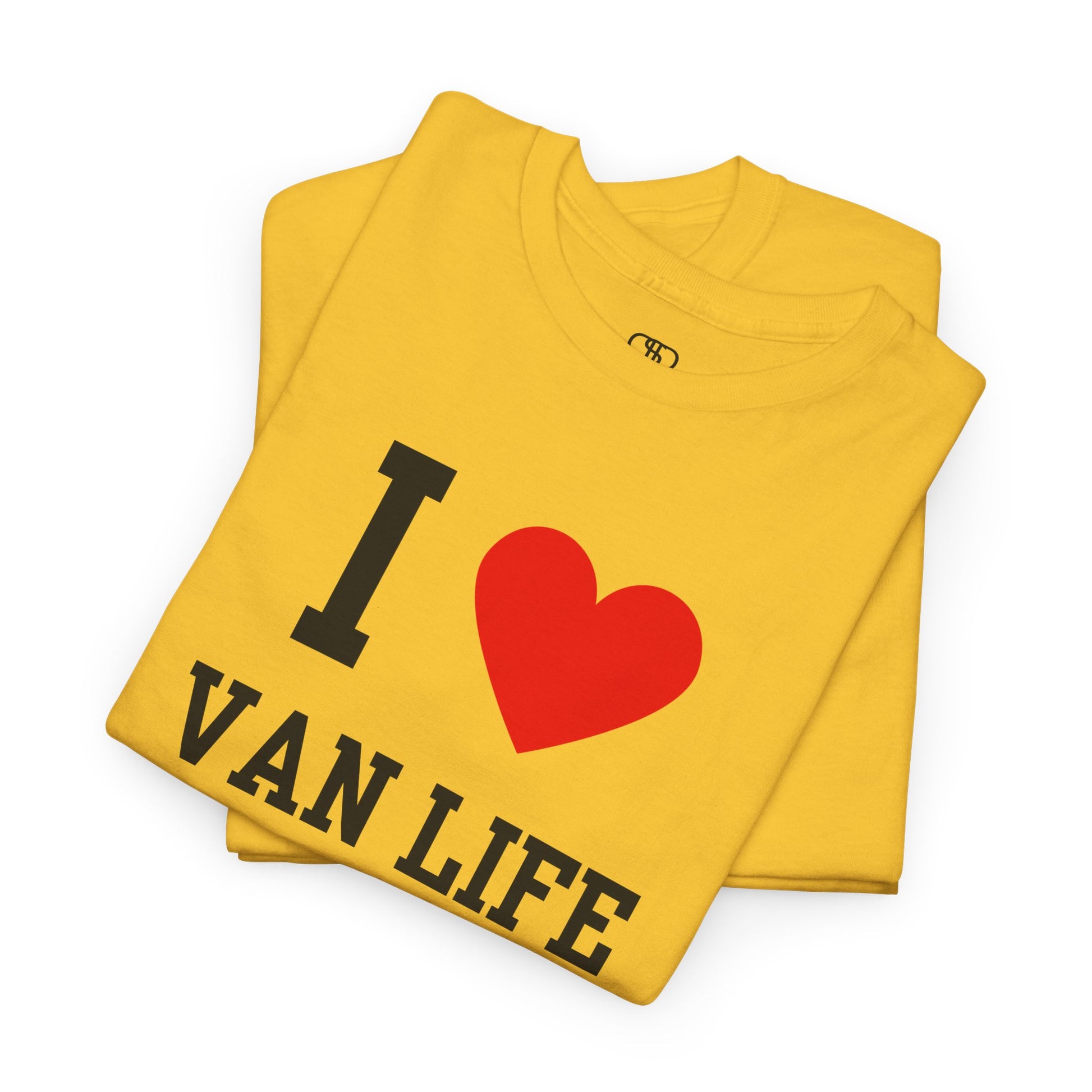 A gold t-shirt displaying the iconic "I Heart" design, with the text reading "I," followed by a red heart symbol, and the phrase "Van Life" underneath.