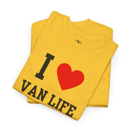 A gold t-shirt displaying the iconic "I Heart" design, with the text reading "I," followed by a red heart symbol, and the phrase "Van Life" underneath.