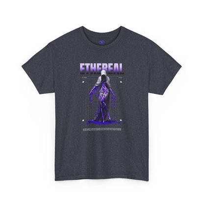 A dark heather t-shirt with a glowing purple ethereal ghostly figure in a robe, surrounded by mystic violet liquid and "Ethereal" text.