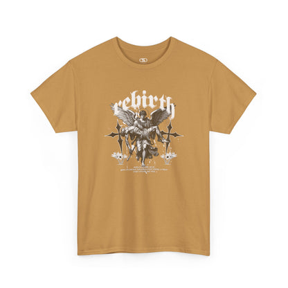 An old gold T-shirt featuring a Angel carrying a figure with "Rebirth" text, white and black gothic spiritual art t-shirt.