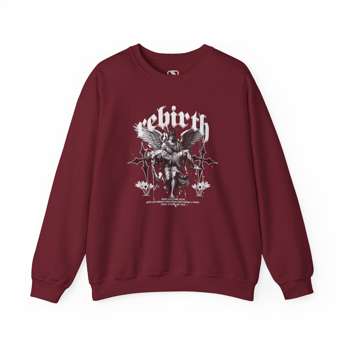 A Garnet Red Sweater featuring an Angel carrying a figure with "Rebirth" text, white and black gothic spiritual art apparel.