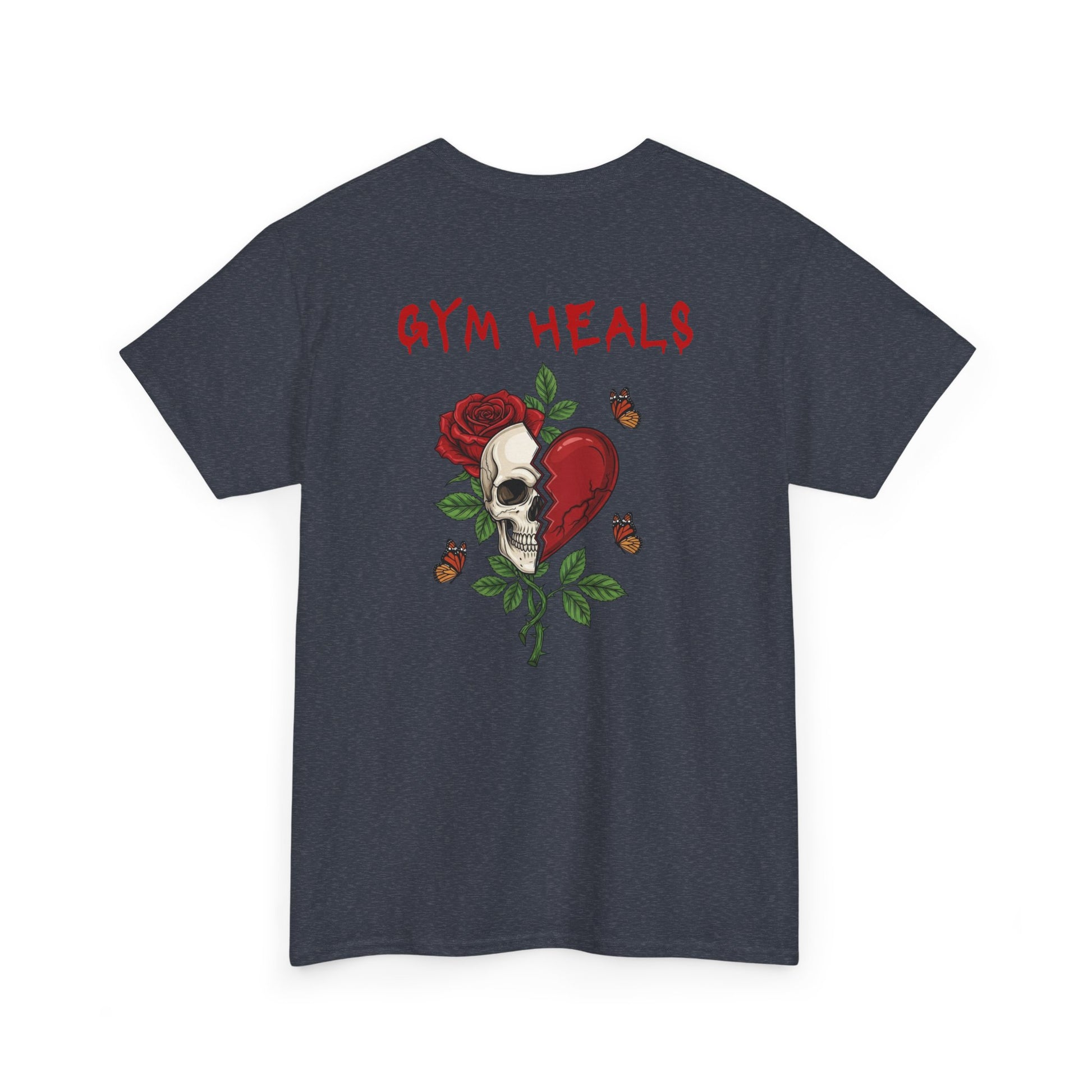 A heather gray t-shirt with a front design of a half skull, half broken heart, and a rose. The back reads "Gym Heals" in red.