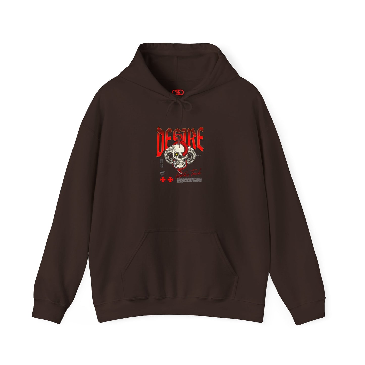 A dark brown hoodie featuring a Horned skull with glowing eye and red snake wrapped around it, "Desire Death's Touch" text, gothic hoodie design.