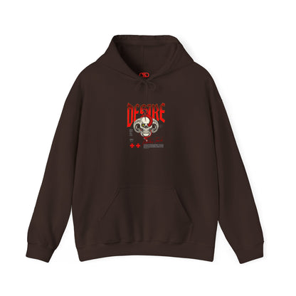 A dark brown hoodie featuring a Horned skull with glowing eye and red snake wrapped around it, "Desire Death's Touch" text, gothic hoodie design.
