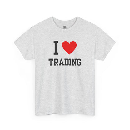 A minimalist t-shirt featuring the "I Love  design with the text "I," a red heart symbol, and the word "Trading" underneath.