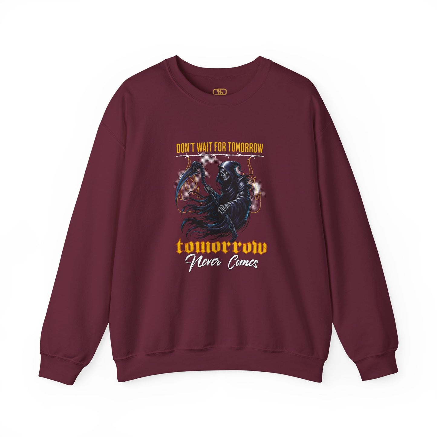 A garnet red sweatshirt featuring a Grim Reaper holding scythe with "Don't Wait For Tomorrow Tomorrow Never Comes" text, dark gothic sweatshirt design.