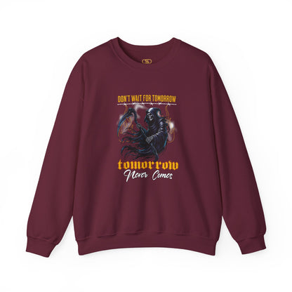 A garnet red sweatshirt featuring a Grim Reaper holding scythe with "Don't Wait For Tomorrow Tomorrow Never Comes" text, dark gothic sweatshirt design.