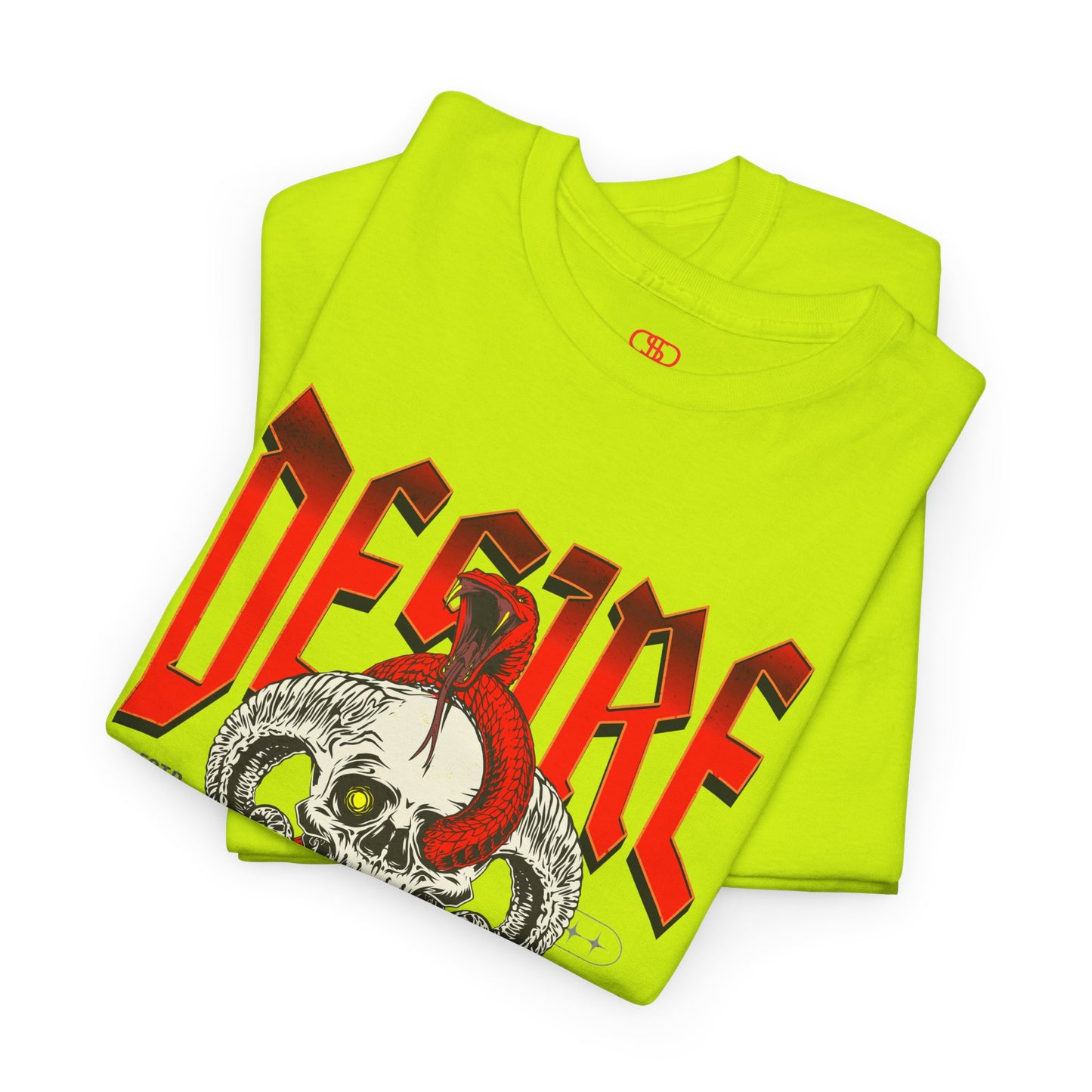 A folded safety green t-shirt featuring a Horned skull with glowing eye and red snake wrapped around it, "Desire Death's Touch" text, gothic t-shirt design.