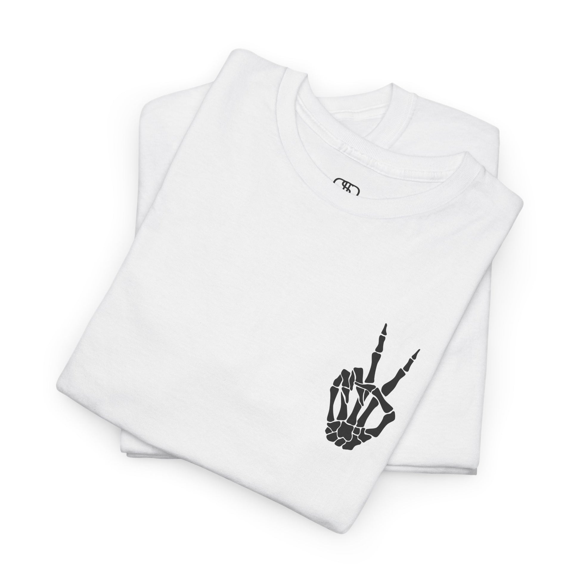 A [folded white] t-shirt with a skeletal peace sign on the front and the phrase “Have the day you deserve” with a large skeletal peace sign on the back.