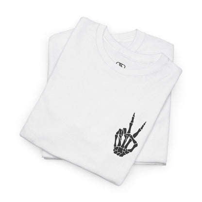 A [folded white] t-shirt with a skeletal peace sign on the front and the phrase “Have the day you deserve” with a large skeletal peace sign on the back.