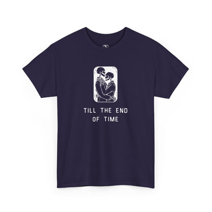 A t-shirt featuring a detailed print of two skeletons embracing in a hug with the text 'till the end of time' below them.