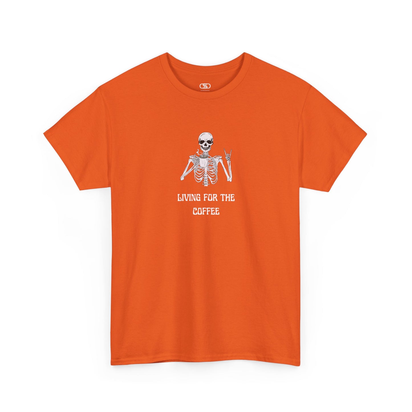  An orange T-shirt with a skeleton holding a hot coffee, displaying a rock hand symbol, and "Living For The Coffee" text.
